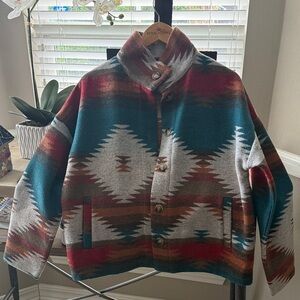 Wool Blend Geometric Pattern Jacket - Teal & Red